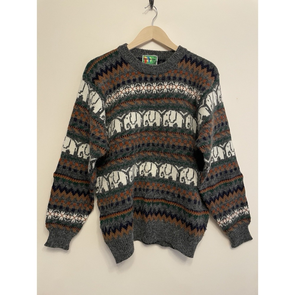 Vintage 100% Wool Fair Isle Sweater Men Large Elephant Gray Catwork Grandpa